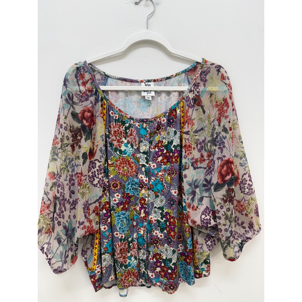 Ivy Jane Floral Bird Print Blouse Medium Sheer Batwing Sleeve Boho Made in USA